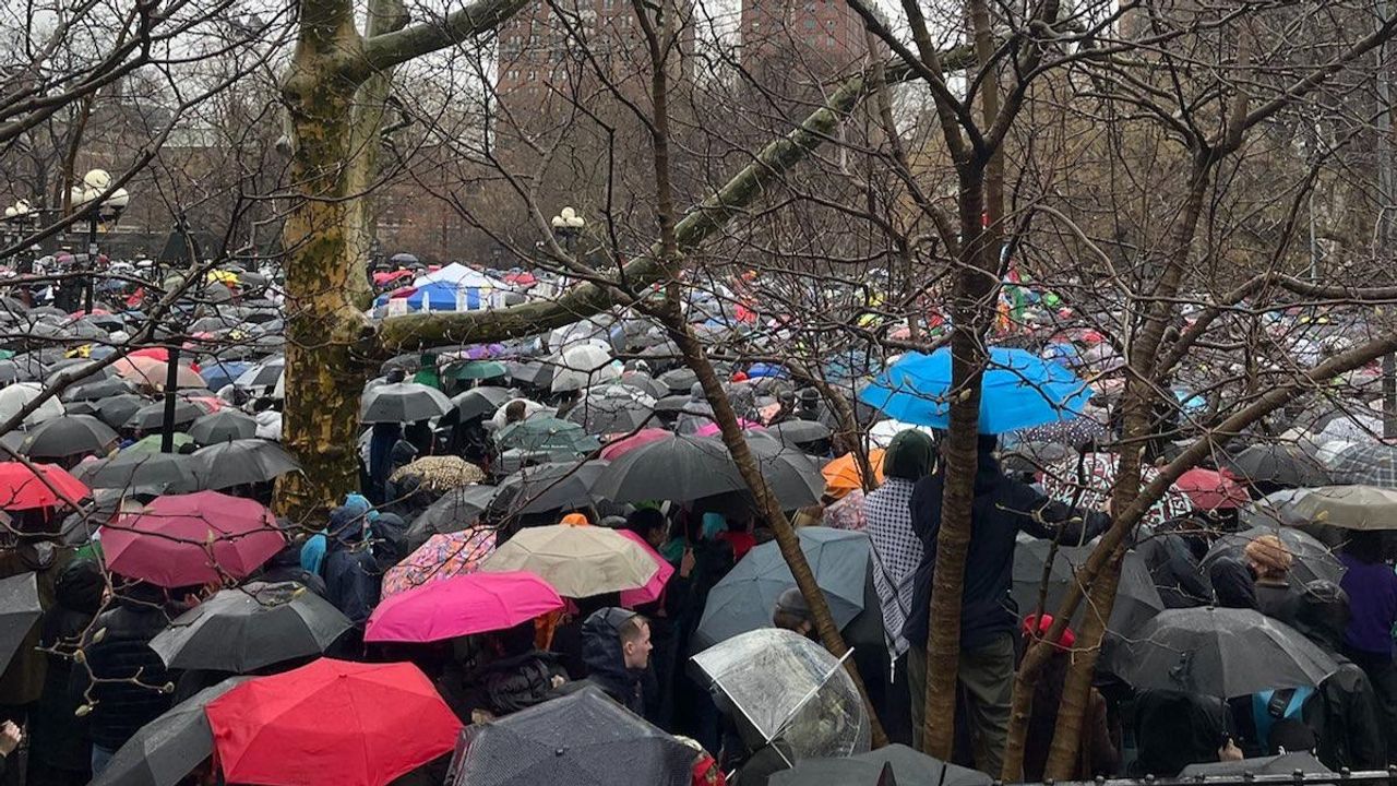 Thousands of protesters braved the rain to protest in Washington Park, in New York City on Saturday, March 2, 2024.